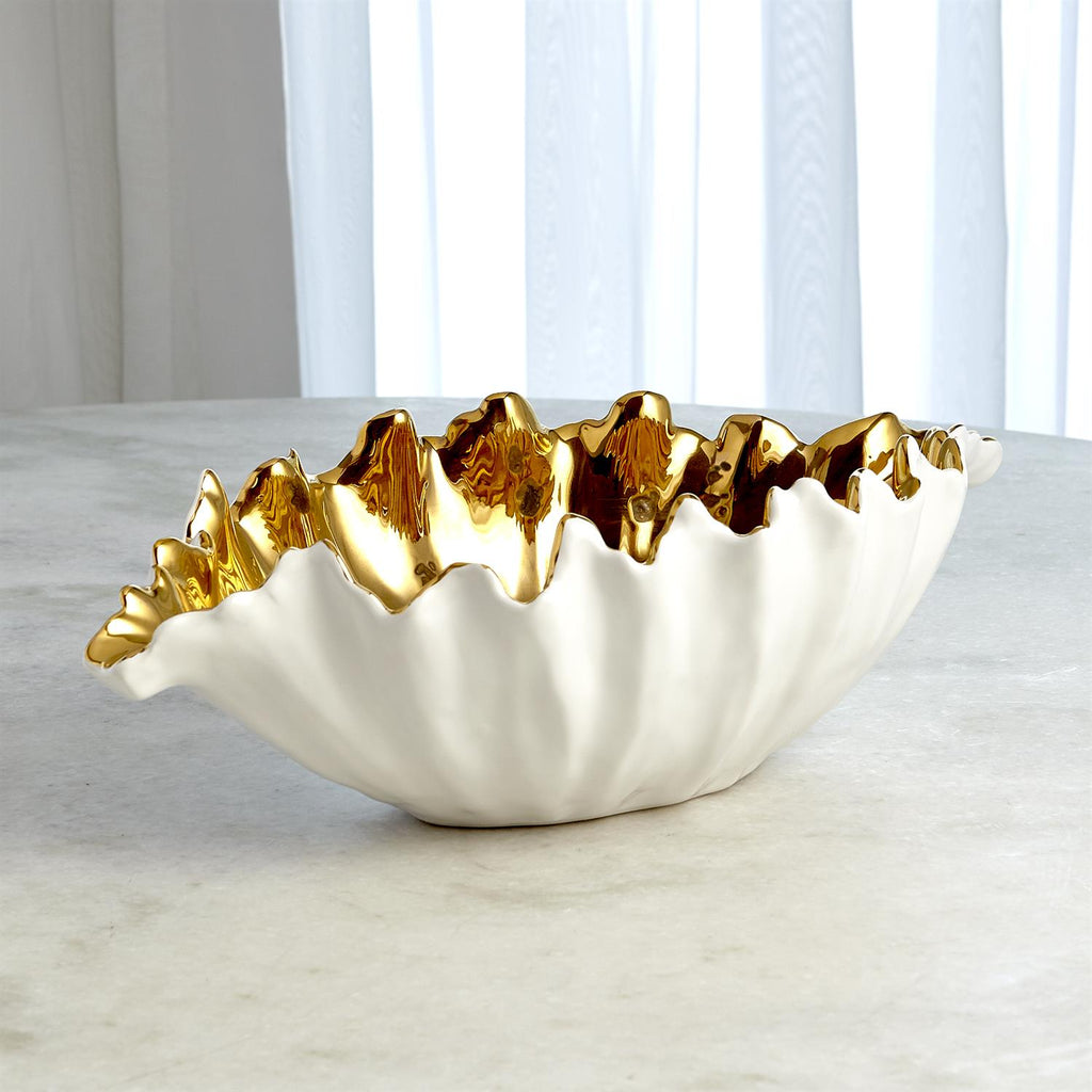 Organic Wave Oval Bowl-White/Gold-Small