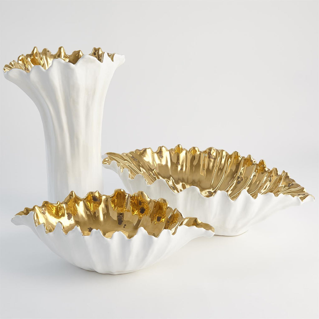 Organic Wave Oval Bowl-White/Gold-Small