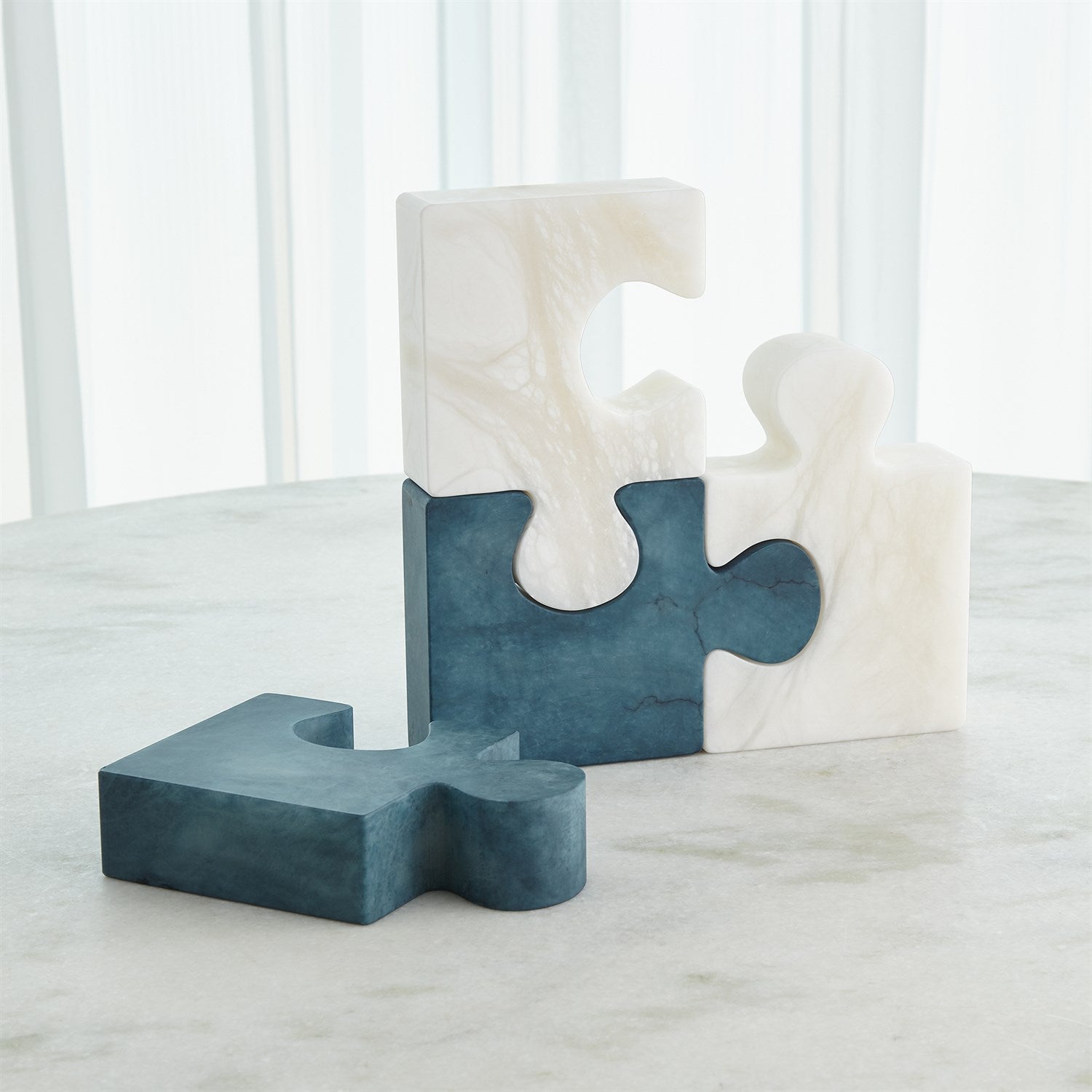 Alabaster Jigsaw Bookends- Pair in Blue