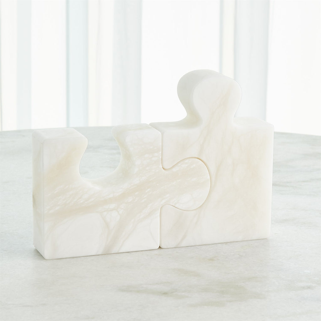 Alabaster Jigsaw Bookends-Pair-White
