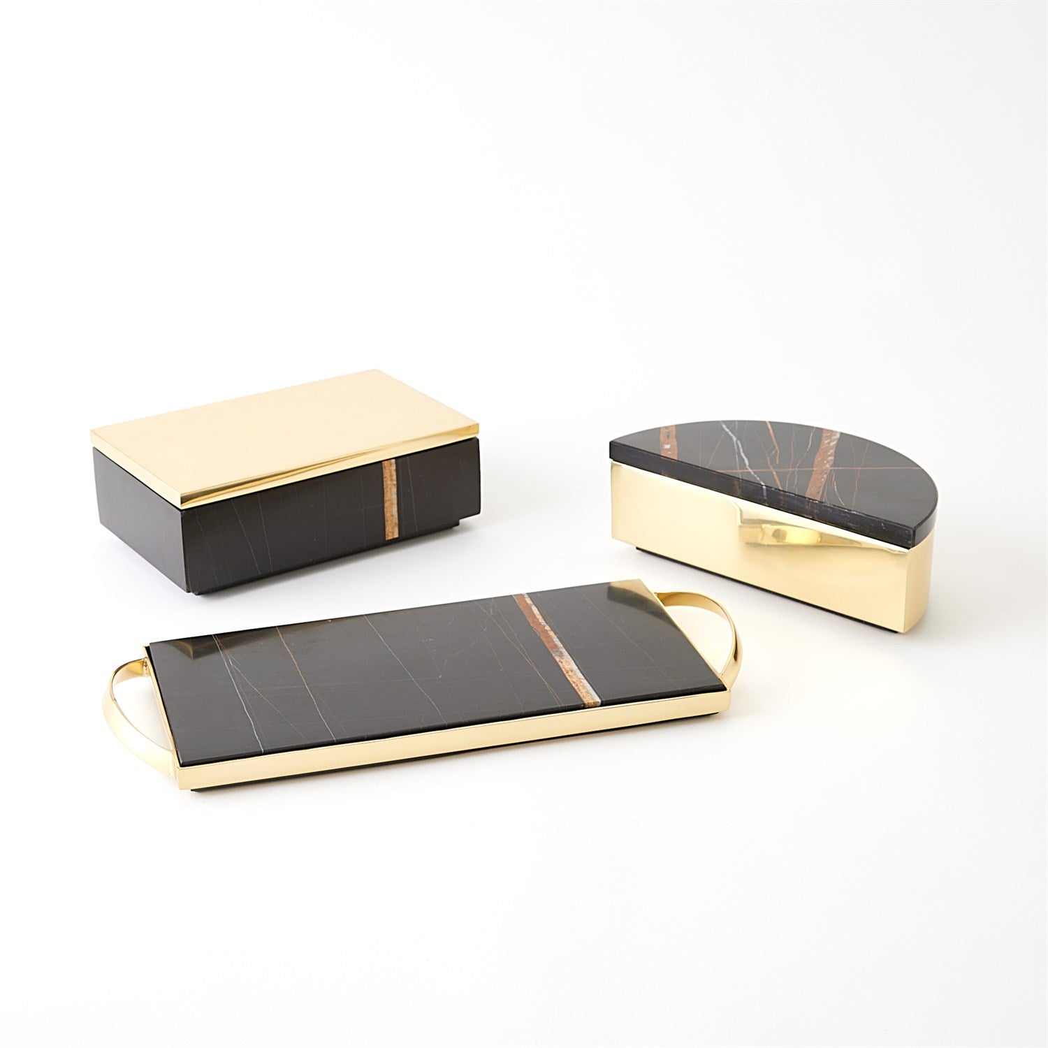 Cosmopolitan Crescent Box in Polished Brass & Black Marble
