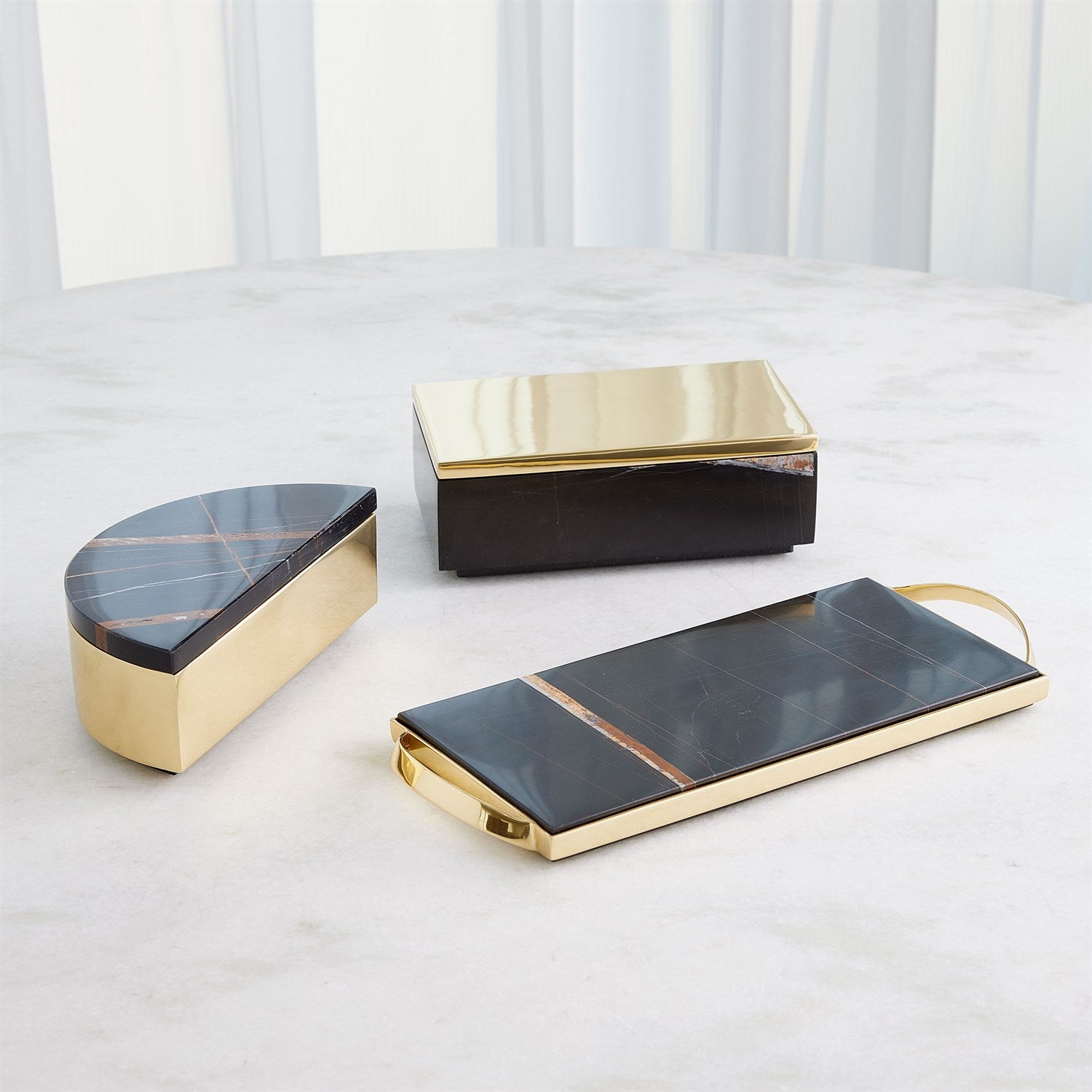 Cosmopolitan Crescent Box in Polished Brass & Black Marble