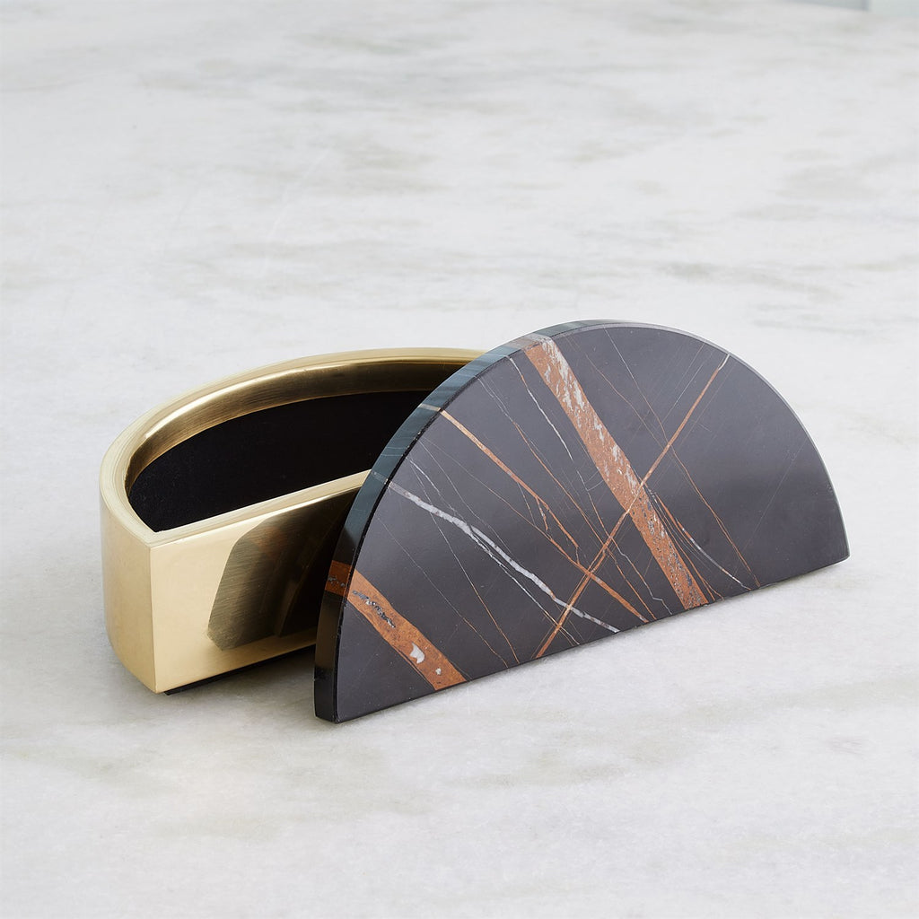 Cosmopolitan Crescent Box in Polished Brass & Black Marble