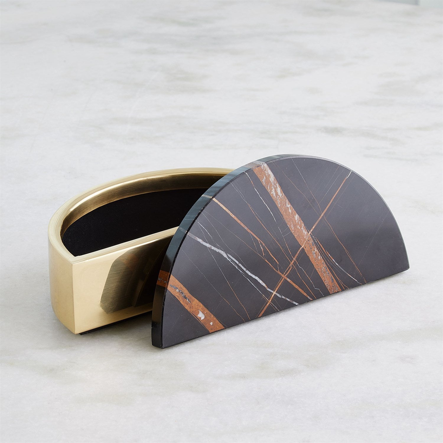 Cosmopolitan Crescent Box in Polished Brass & Black Marble