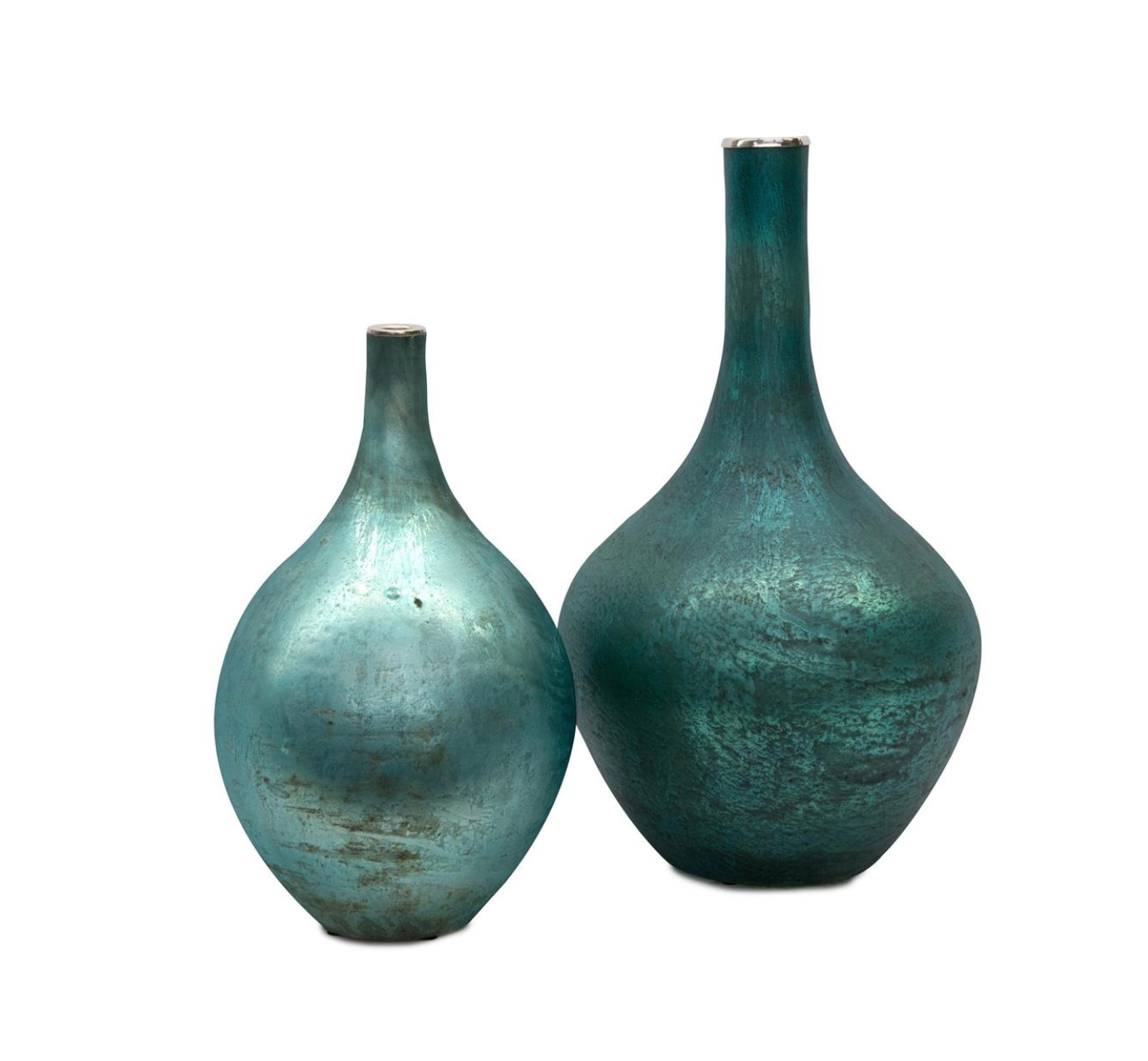 Set Of Two Peacock Blue Iridescent Vases